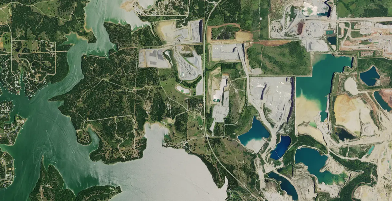 Aerial view of Lake Bridgeport and the rock quarries just outside Bridgeport, Texas